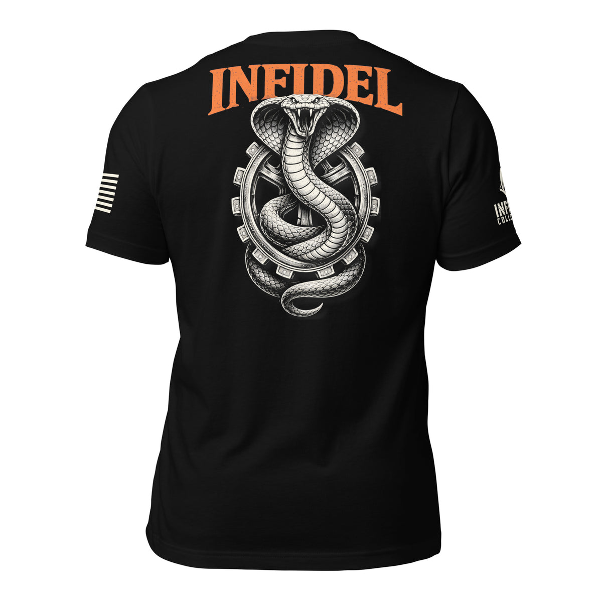 Black short-sleeve t-shirt shown from the back, featuring a large graphic of a coiled snake inside a gear with the word 'INFIDEL' printed in orange above it. The shirt is photographed on a solid white background.