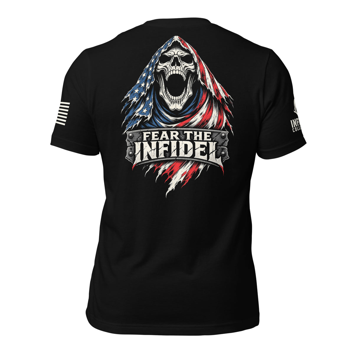 Back view of black Fear the Infidel Red Streak Reaper tee with reaper graphic