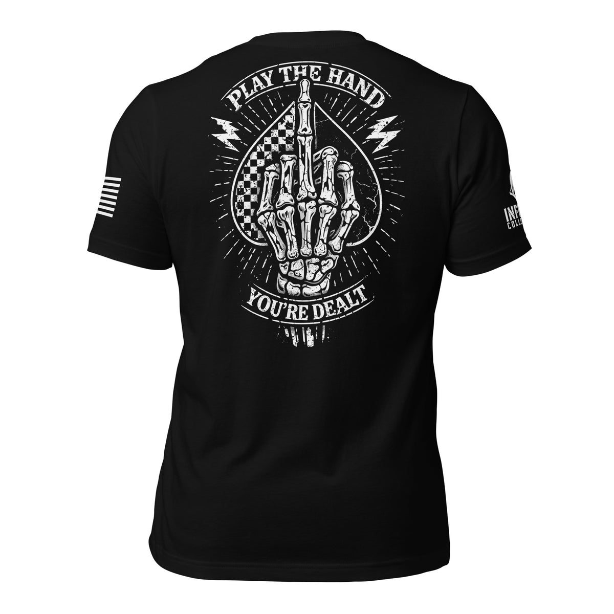 Back view of Black Play the Hand You're Dealt Skeleton Back Print tee.