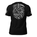 Back view of Black Cloaked American Infidel Reaper Back Print tee.