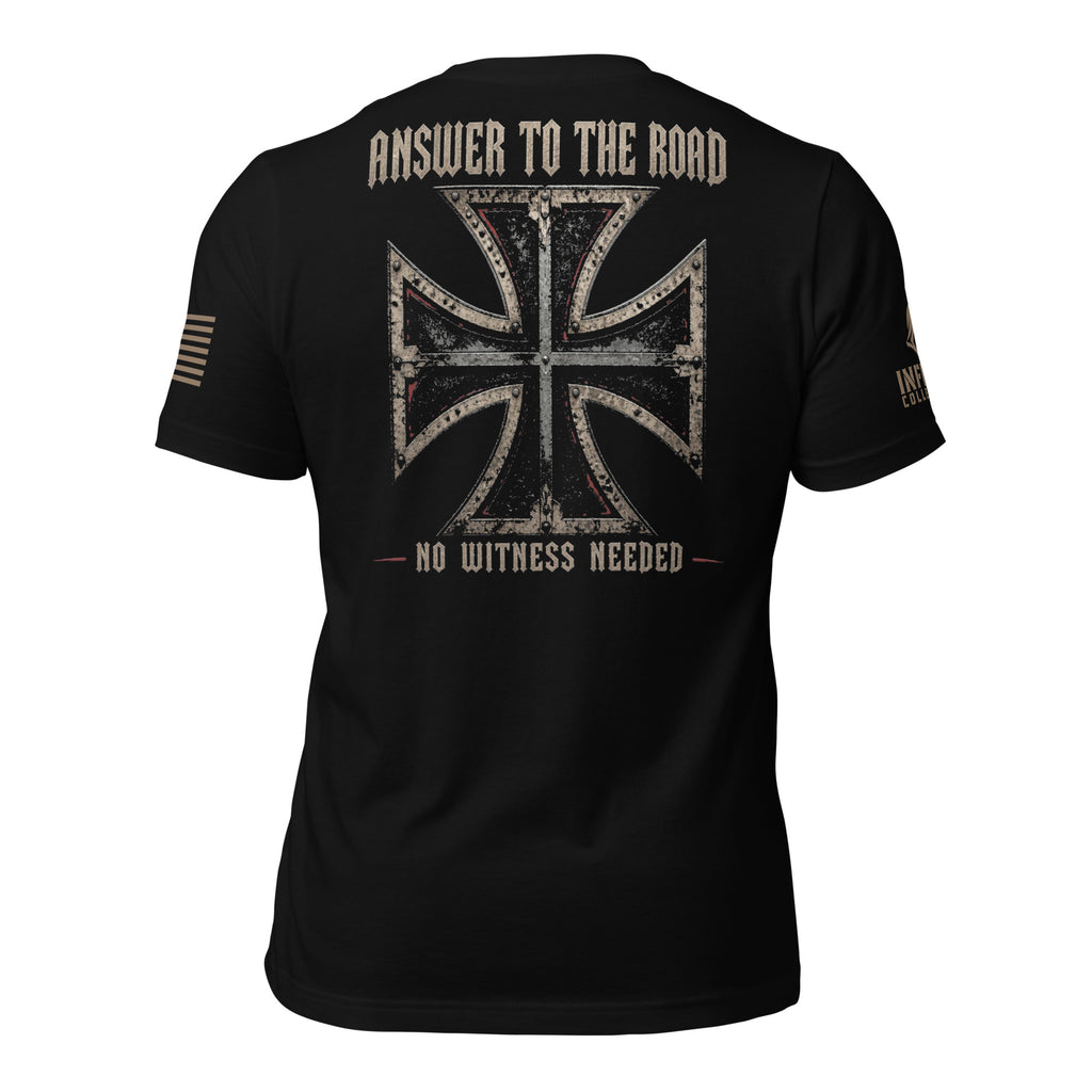 Back view of Black Answer to the Road Iron Cross Back Print tee.