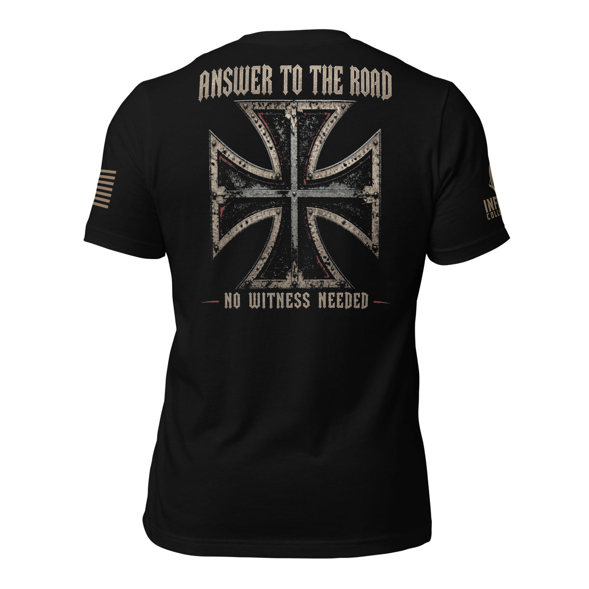 Back view of Black Answer to the Road Iron Cross Back Print tee.