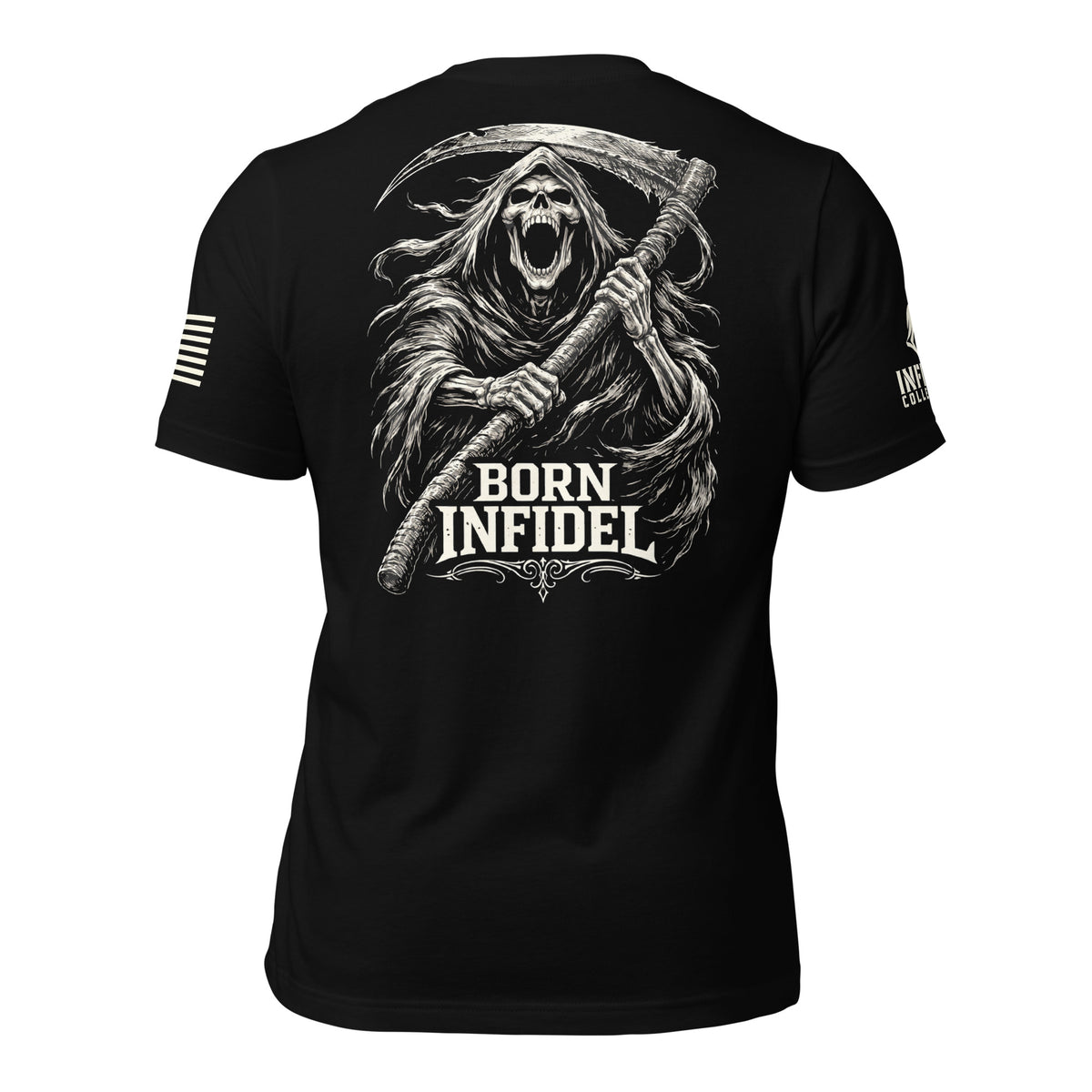 Back view of Black Born Infidel Scythe Reaper Back Print tee.