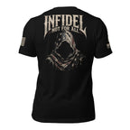 Black short-sleeve t-shirt shown from the back, featuring a large distressed graphic of a hooded skull with the text 'INFIDEL NOT FOR ALL' across the upper back. The sleeves have additional small graphic prints.