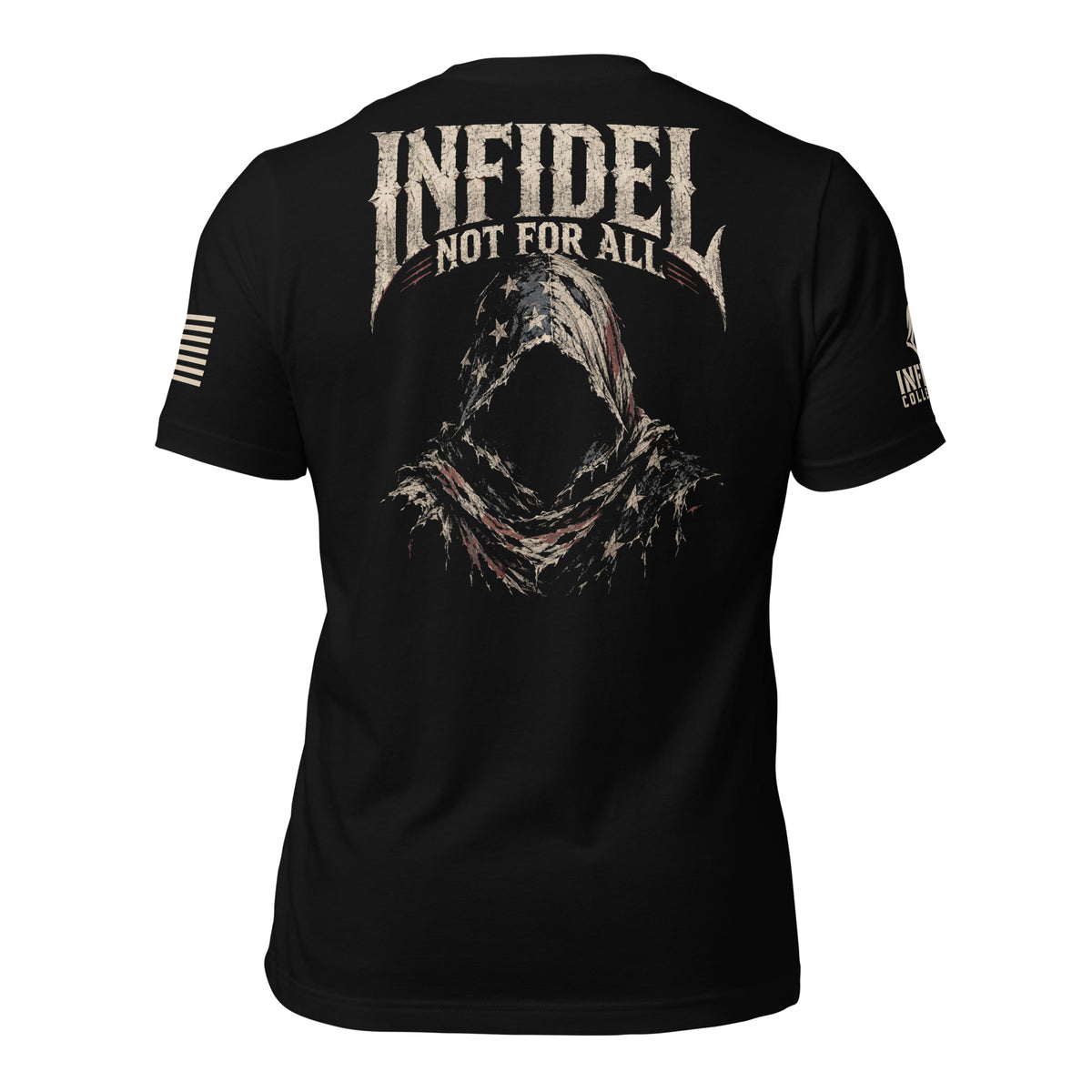 Black short-sleeve t-shirt shown from the back, featuring a large distressed graphic of a hooded skull with the text 'INFIDEL NOT FOR ALL' across the upper back. The sleeves have additional small graphic prints.