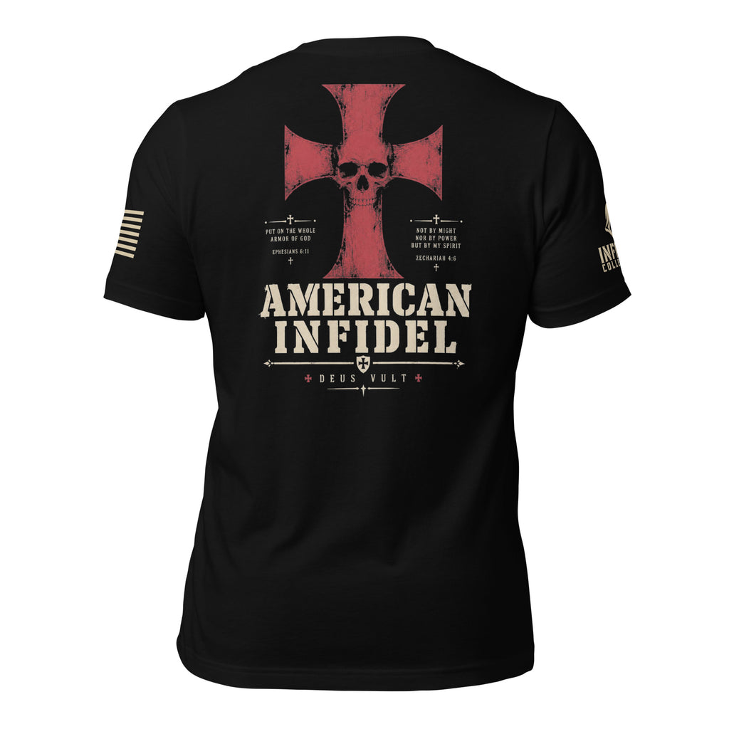Deus Vult American Infidel black Modern Fit tee, back view with crimson cross, skull, scripture and American Infidel graphic