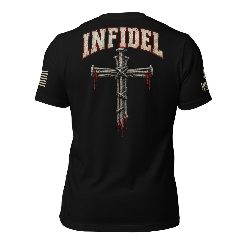 Back of black Crimson Cross of Nails tee showing large nail cross graphic