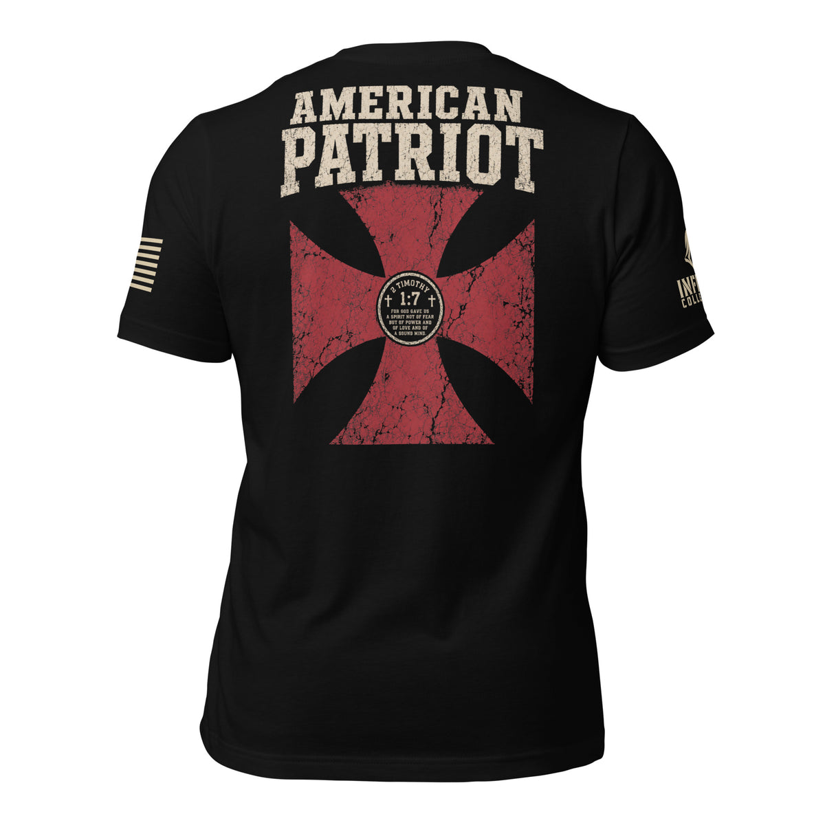 American Patriot 2 Timothy 1:7 Cross Back Print Tee, black tee, back view