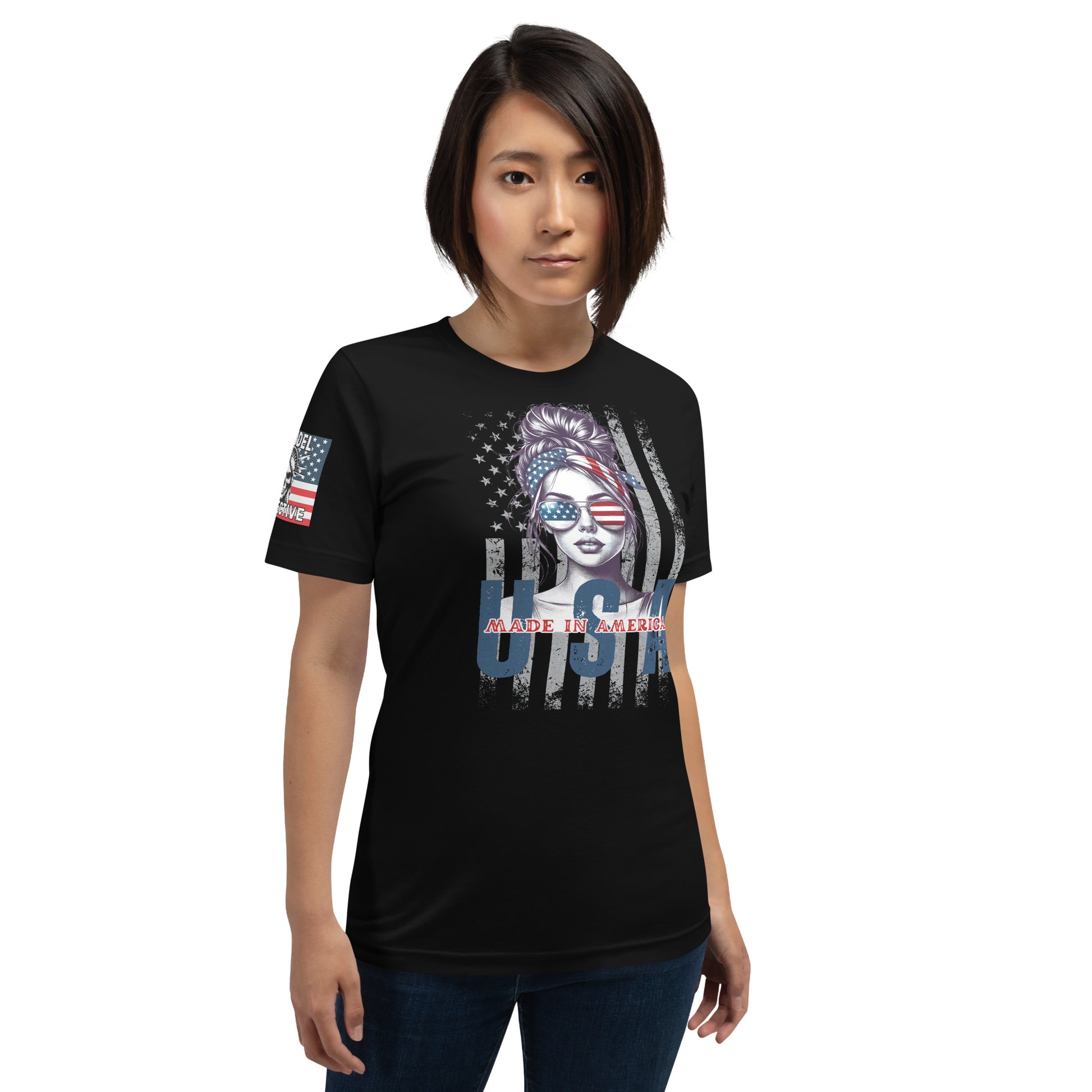 Patriotic T-Shirt: Aviator Babe USA Flag Graphic Tee in Black  Infidel Collective