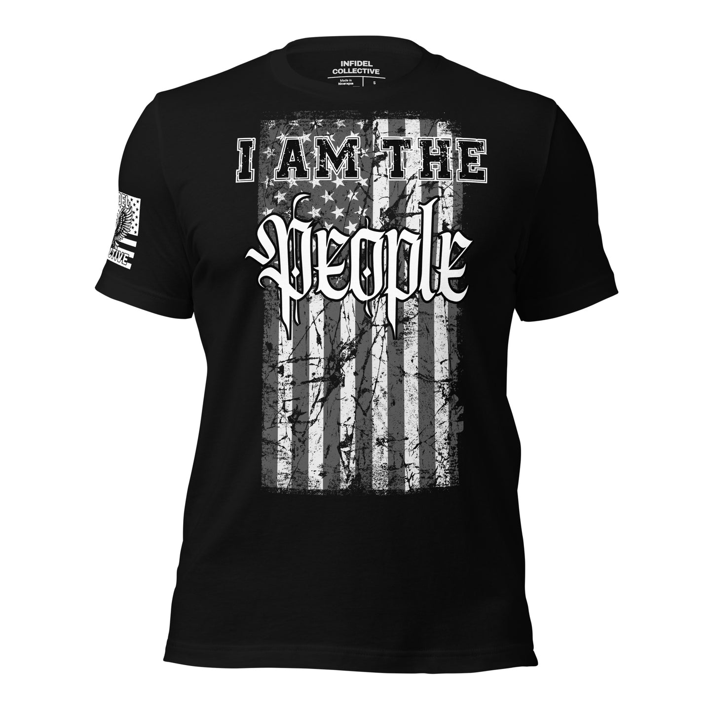 Grayscale American flag with distressed texture and bold “I Am the People” text on black t-shirt by Infidel Collective.
