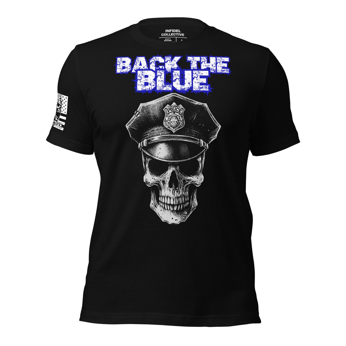 Grunge police skull wearing officer cap with blue “Back the Blue” text on black t-shirt, patriotic support design
