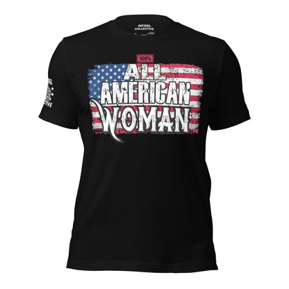 All American Woman Black T-Shirt | Patriotic Graphic Tee for Women  Infidel Collective