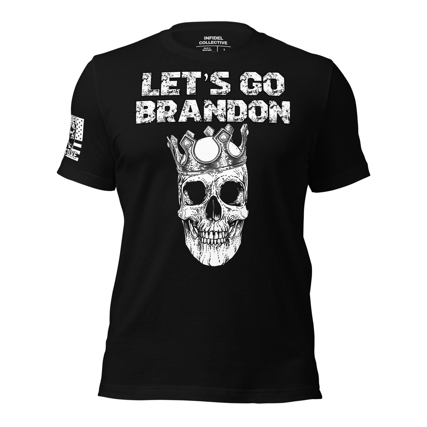 Let’s Go Brandon skull crown patriotic graphic tee on black shirt.
