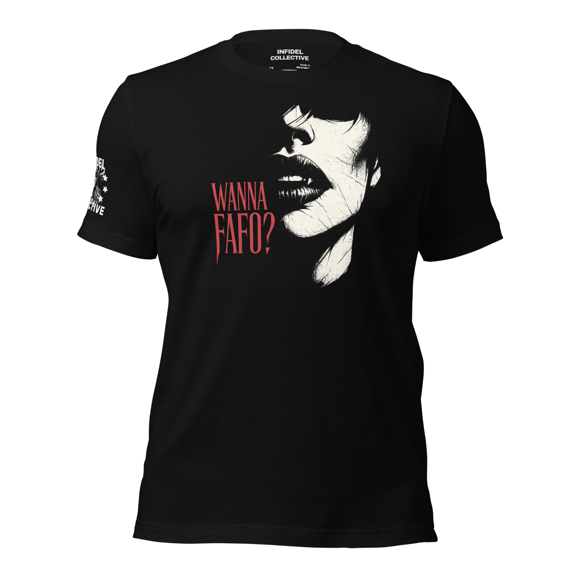 Black womens t-shirt with graphic design of female vampire and text stating "Wanna FAFO?" placed on a white background as ghosted mockup of the design. 
