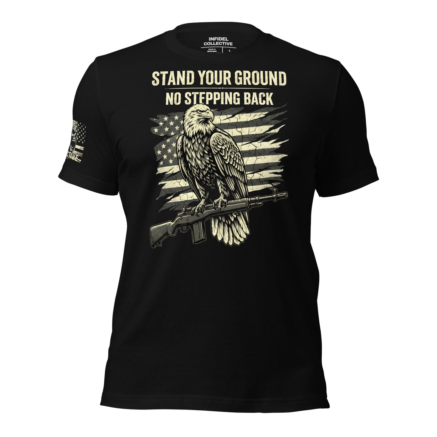 Black t-shirt with an eagle graphic and text on a white background
