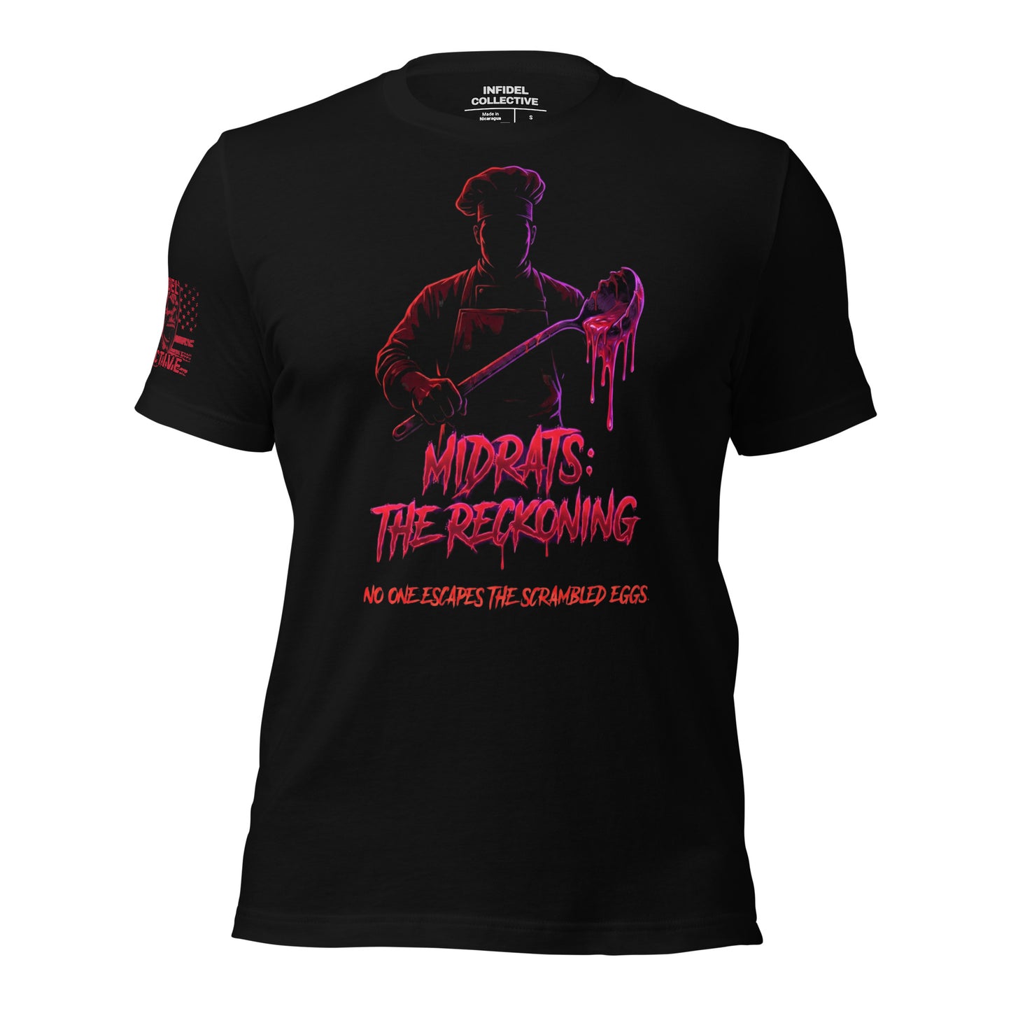 Black t-shirt with red thriller graphic design "Midrats: The Reckoning" mockup on a white background.