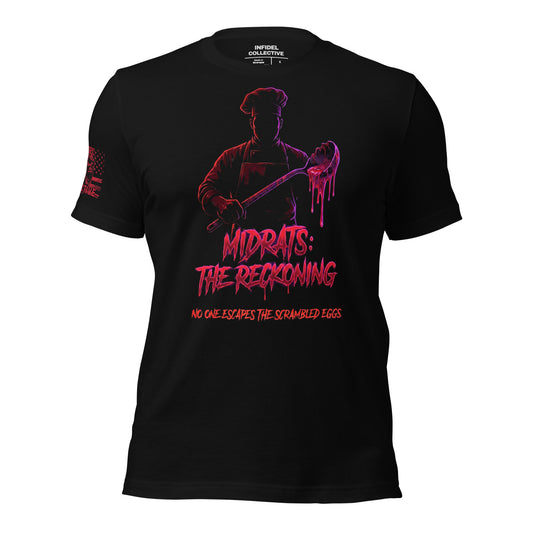Black t-shirt with red thriller graphic design "Midrats: The Reckoning" mockup on a white background.