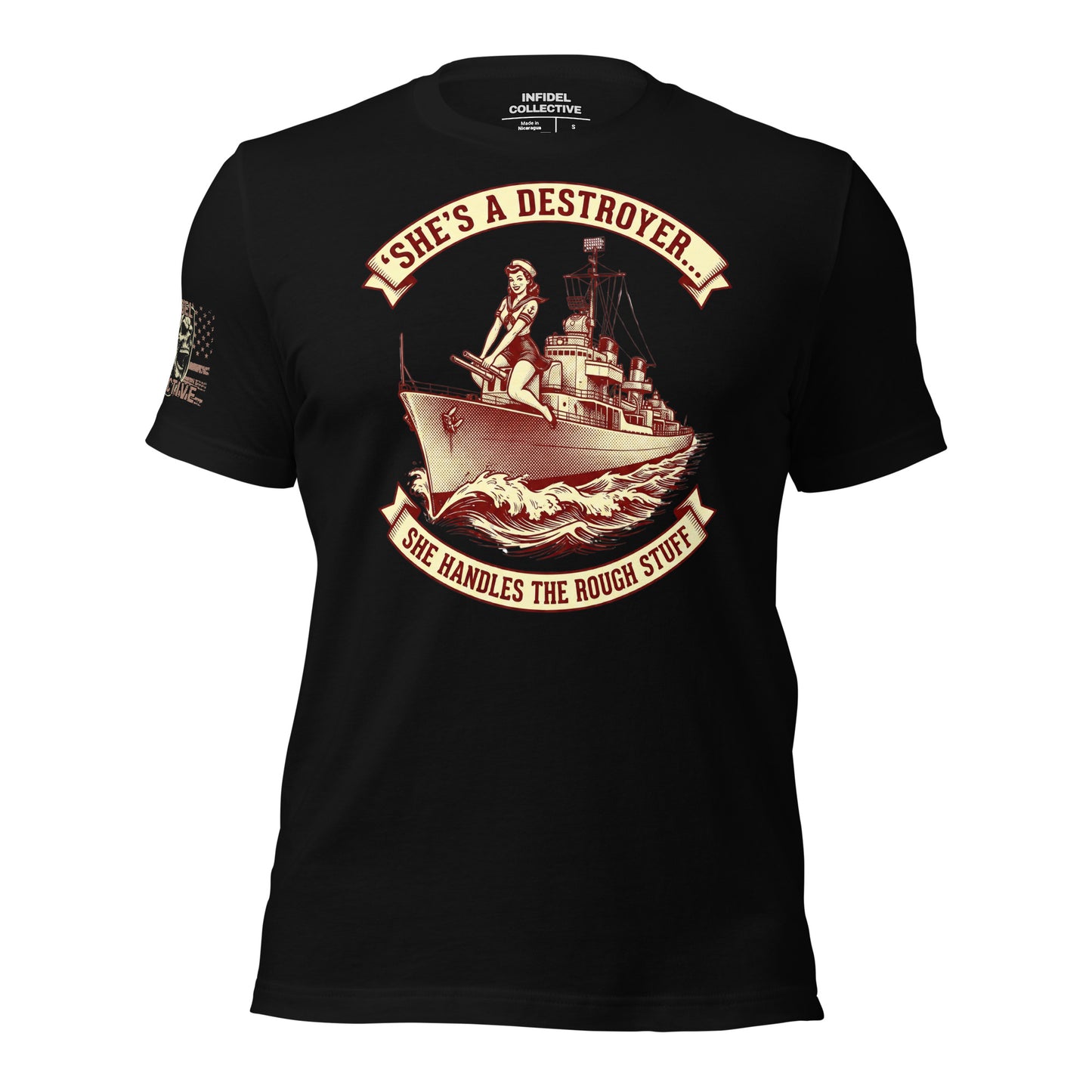 Black t-shirt with a graphic of a US Navy Destroyer and text "She's A Destroyer... She Handles the Rough Stuff" across front of a ghosted mockup on white background.