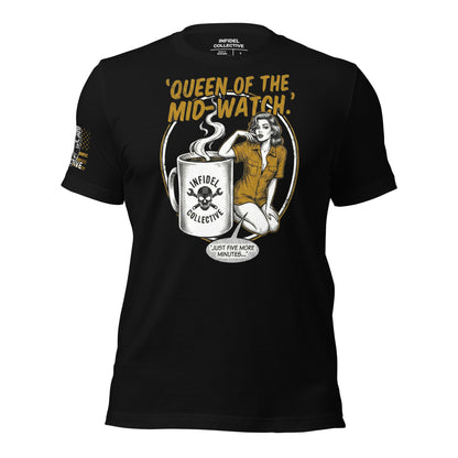 Black t-shirt with graphic design of a woman and coffee cup, text 'Queen of the Mid-Watch', on a white background.