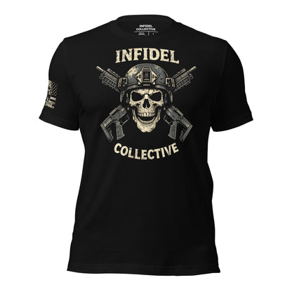 Black t-shirt with skull and crossbones design and 'Infidel Collective' text on a white background