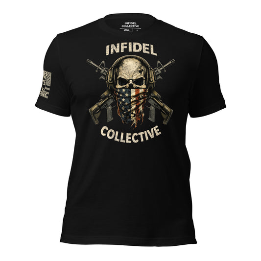 Black t-shirt with skull and crossbones design featuring the Infidel Collective logo on a white background.