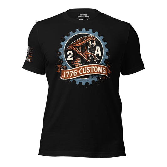 Ghosted mockup of Black t-shirt with a snake and gear design with "2A" and "1776 Customs" printed across a banner, on a white background