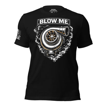 Black t-shirt with a turbocharger graphic and 'BLEW ME' text on a white background