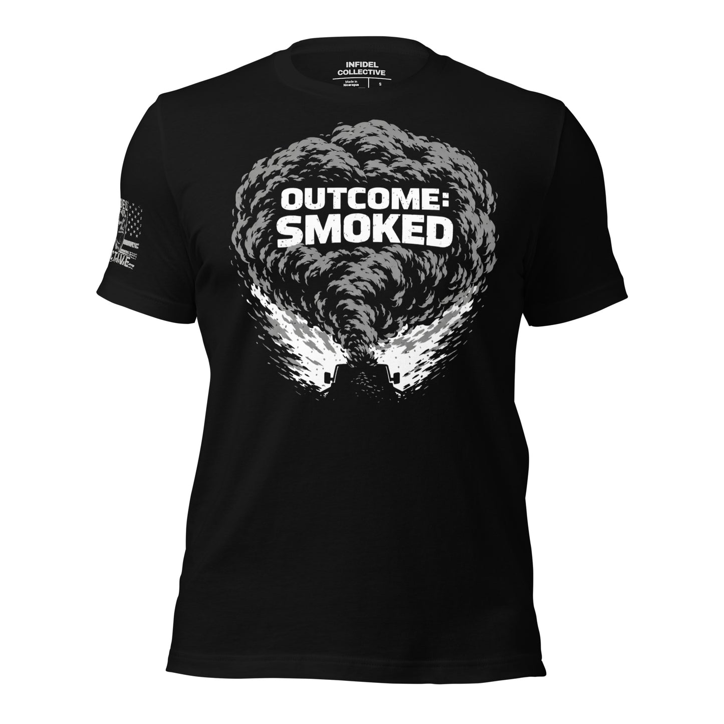 Black t-shirt with 'Outcome: Smoked' graphic design on a white background