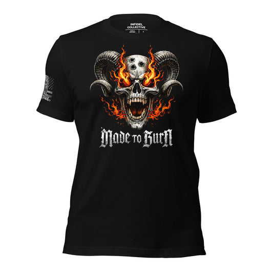 Black t-shirt with a graphic design of a skull with flames and the text 'Made to Burn' on a white background.