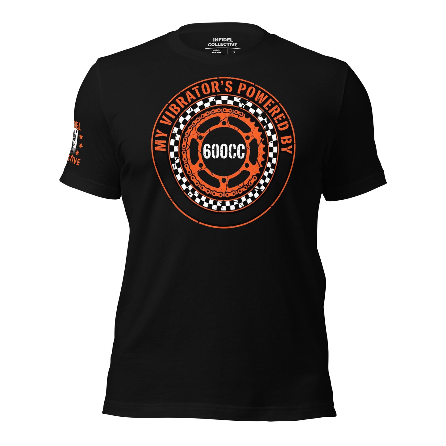 Ghosted mockup of Black t-shirt with orange and white graphic design and text "Powered by 600cc" on a white background.