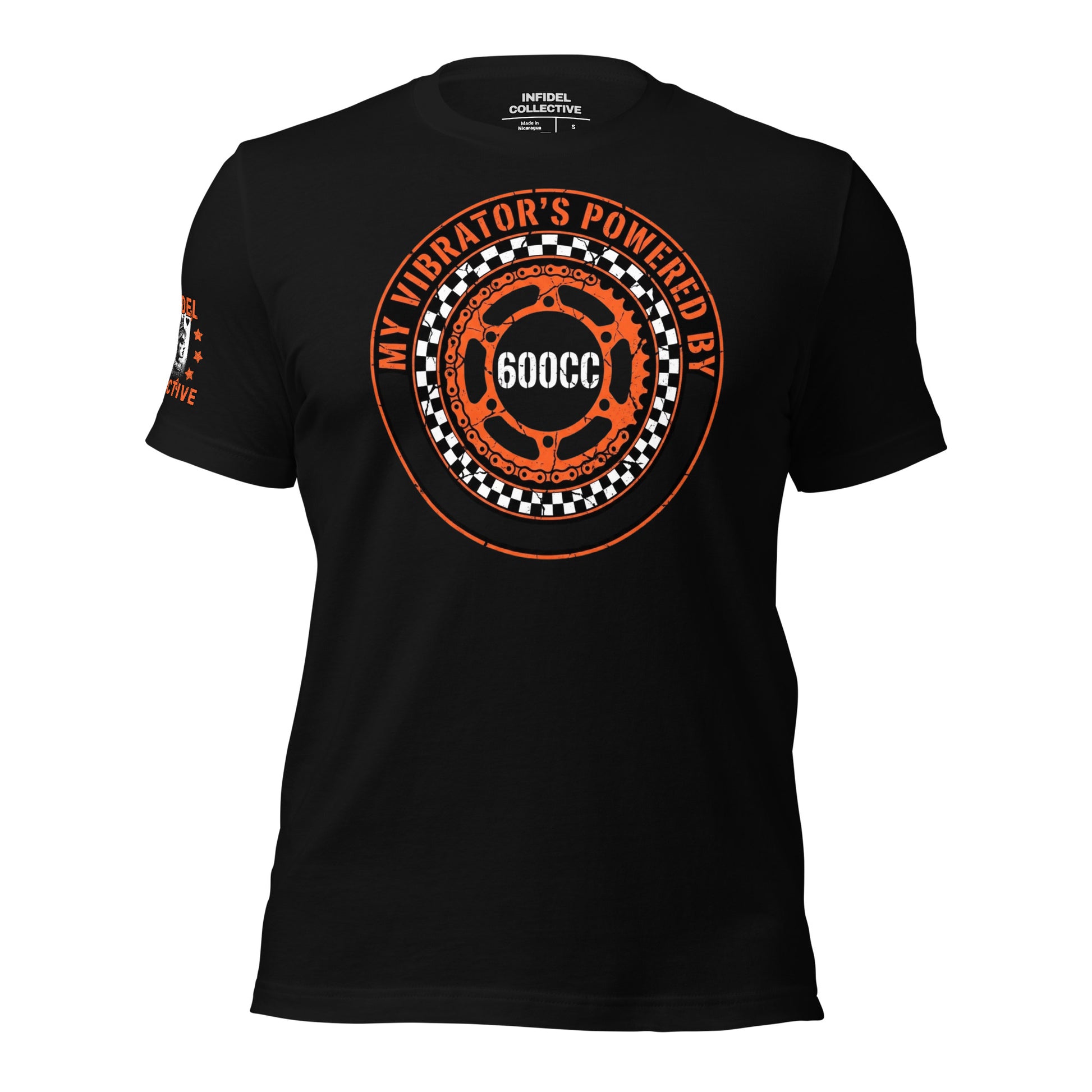 Ghosted mockup of Black t-shirt with orange and white graphic design and text "Powered by 600cc" on a white background.