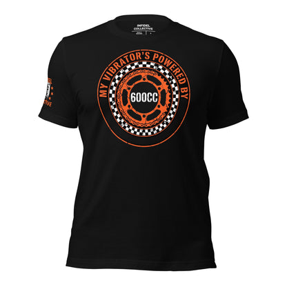 Ghosted mockup of Black t-shirt with orange and white graphic design and text "Powered by 600cc" on a white background.