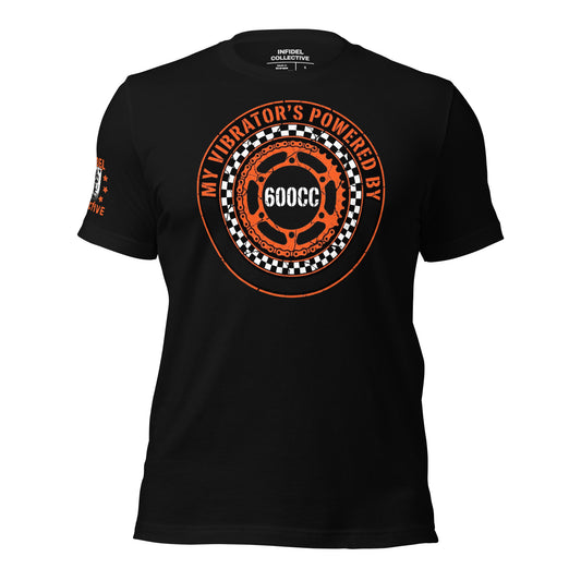 Ghosted mockup of Black t-shirt with orange and white graphic design and text "Powered by 600cc" on a white background.