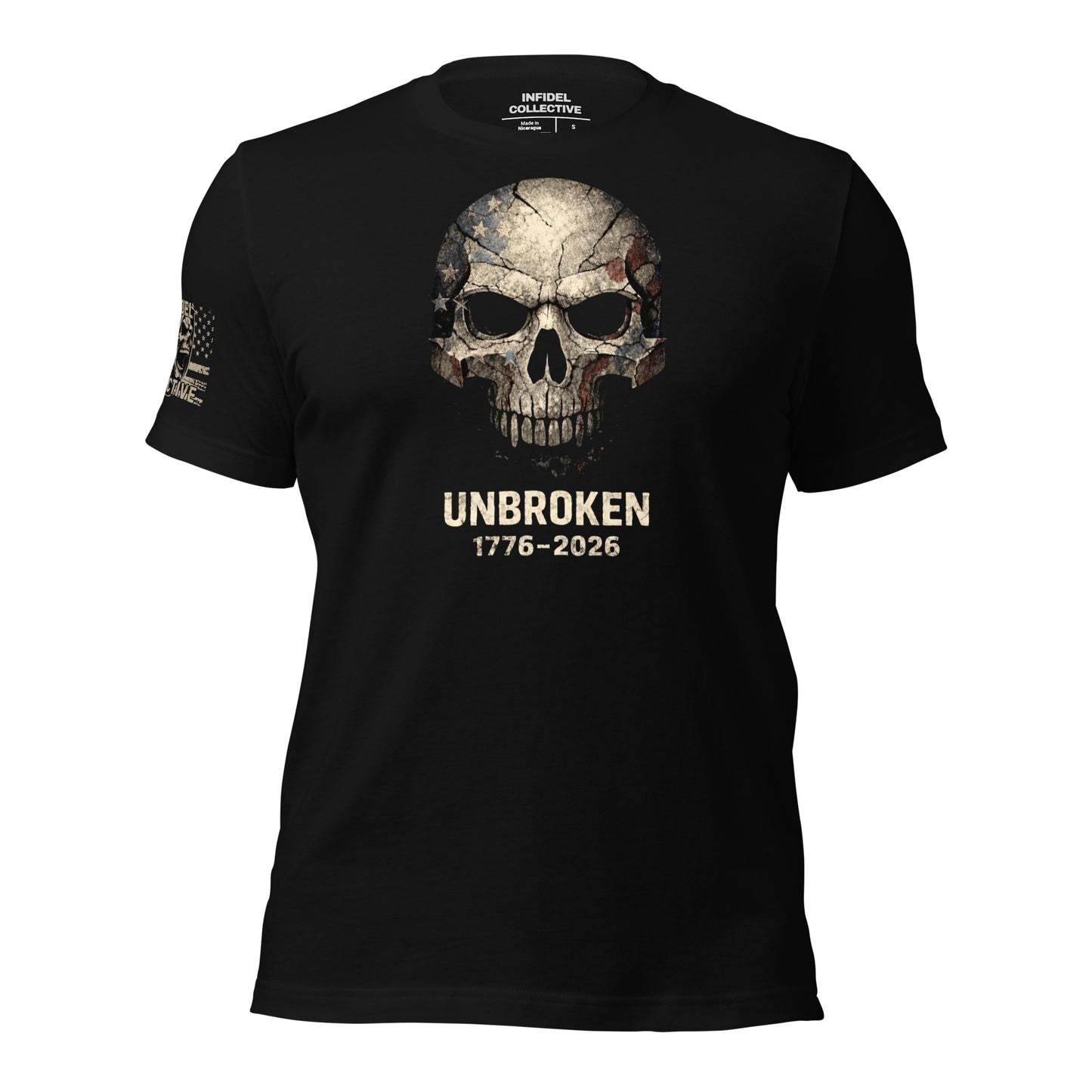 Black t-shirt with skull design and 'Unbroken 1776-2025' text on a white background