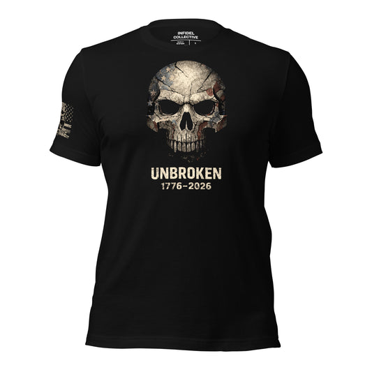 Black t-shirt with skull design and 'Unbroken 1776-2025' text on a white background