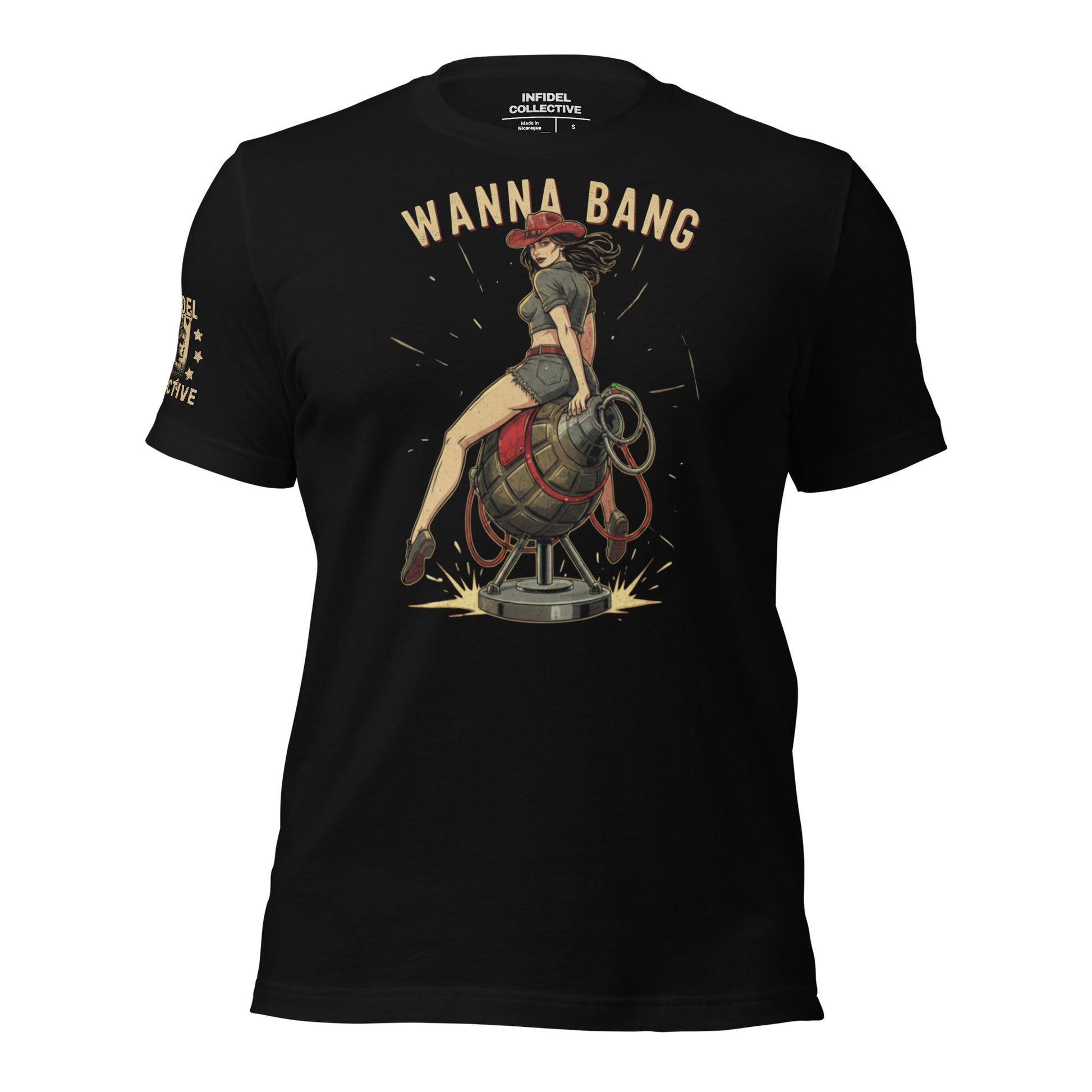 Black t-shirt with graphic design of a woman on a barrel and 'Wanna Bang' text on a ghosted mockup. 