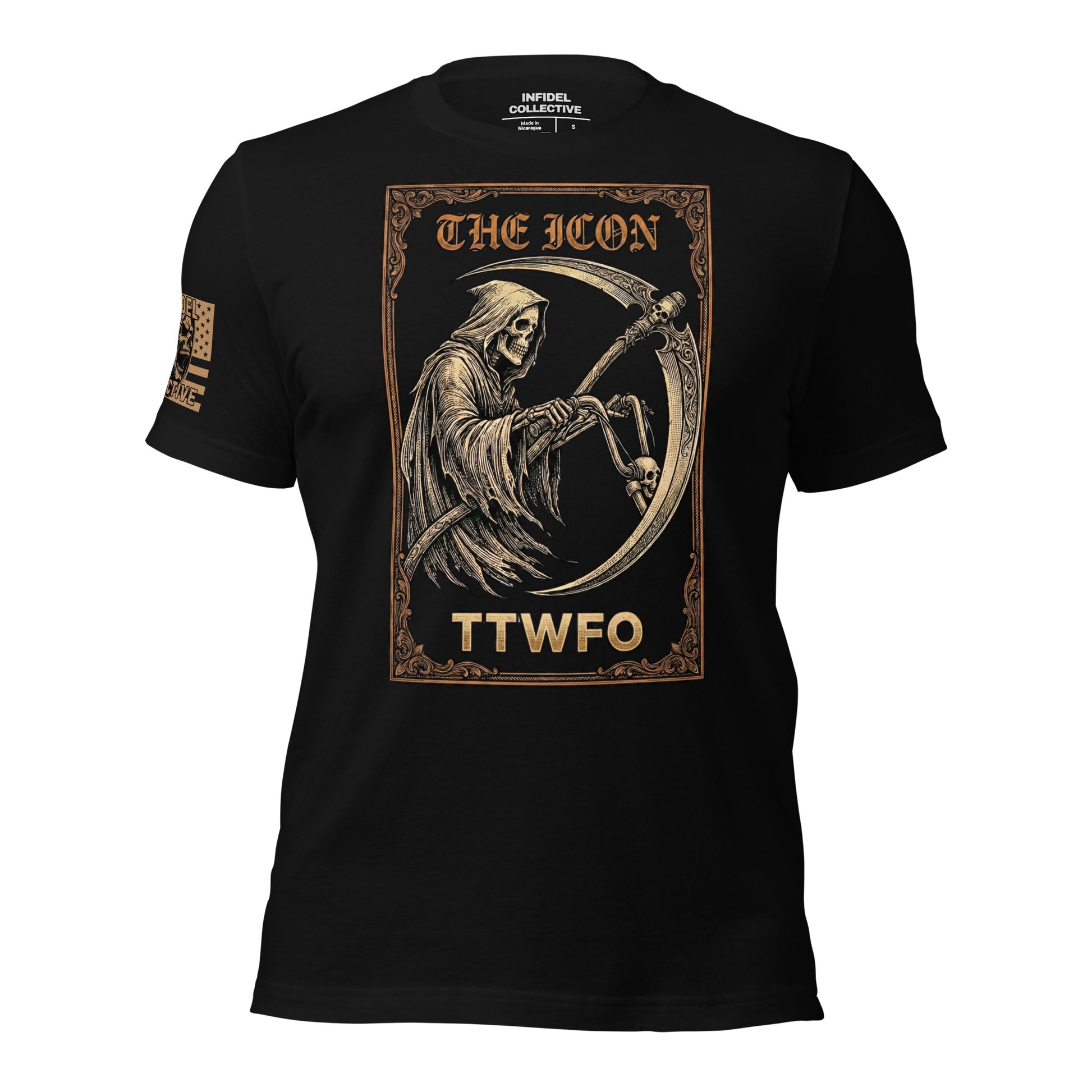 Ghosted mockup of Black t-shirt with a graphic design of a Grim Reaper and text "The ICON" and TTWFO.