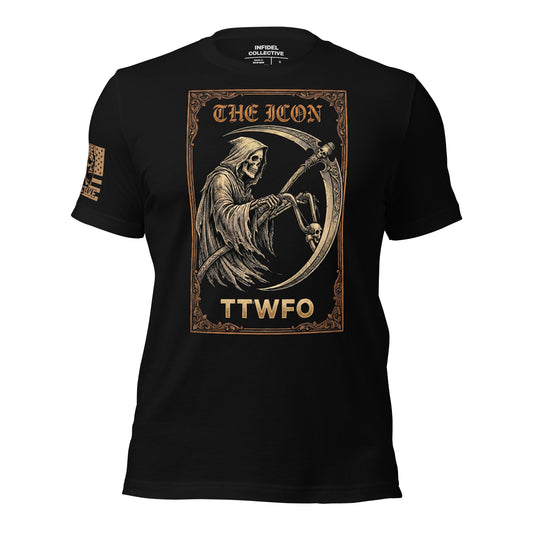 Ghosted mockup of Black t-shirt with a graphic design of a Grim Reaper and text "The ICON" and TTWFO.