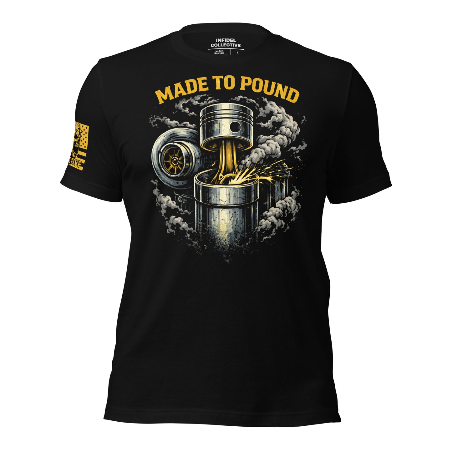 Black t-shirt with engine piston graphic and 'Made to Pound' text on a white background