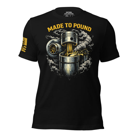 Black t-shirt with engine piston graphic and 'Made to Pound' text on a white background