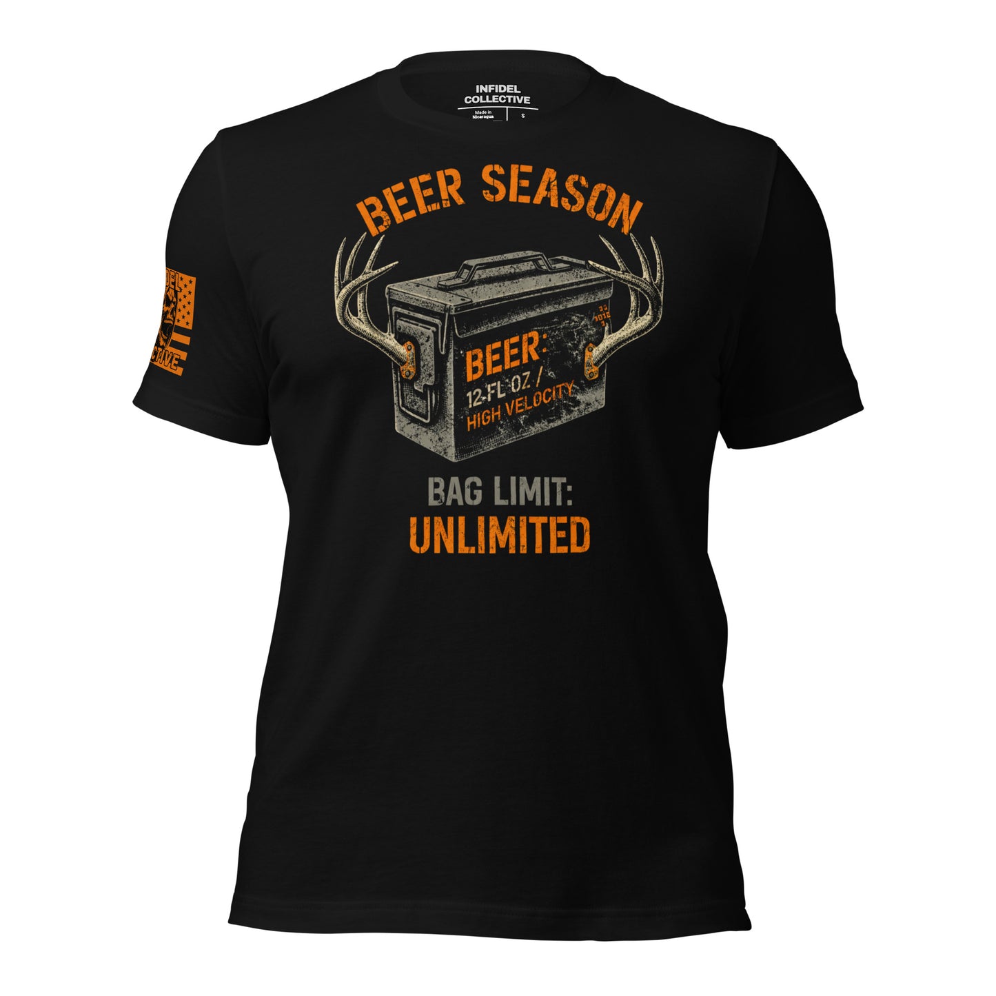 Ghosted mockup of Black t-shirt with orange graphic design and text "BEER SEASON"