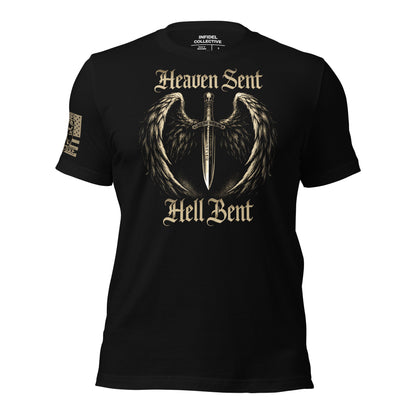 Black t-shirt with angel wings and sword design on a white background