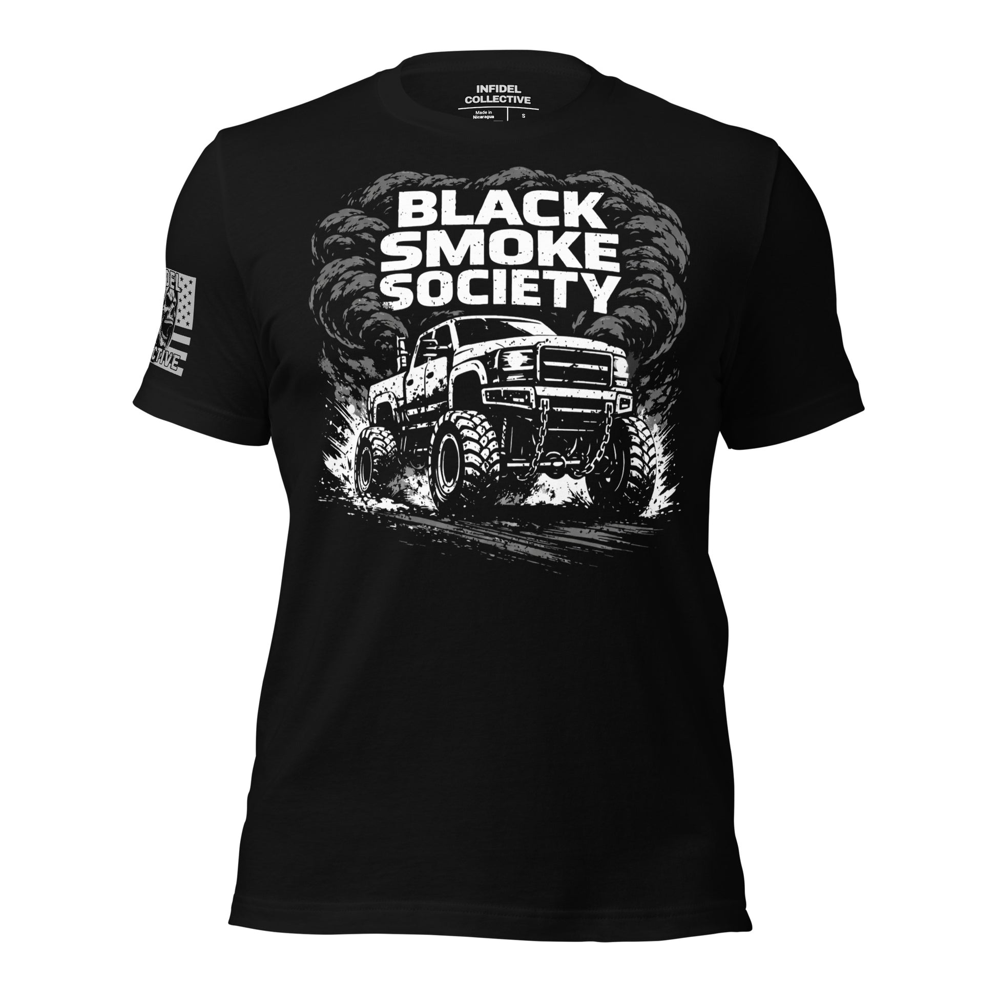 Black t-shirt with 'Black Smoke Society' graphic and truck design on a white background