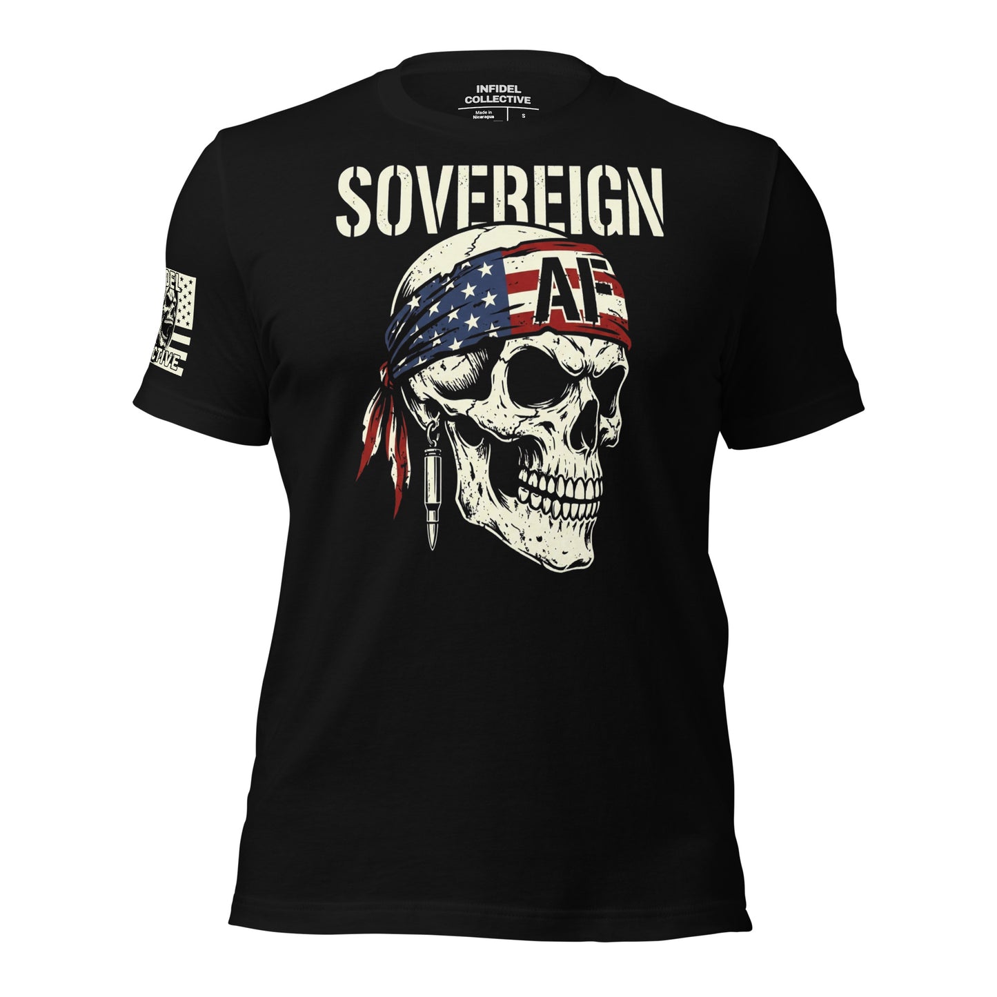 Black t-shirt with skull graphic and 'Sovereign' text on a white background
