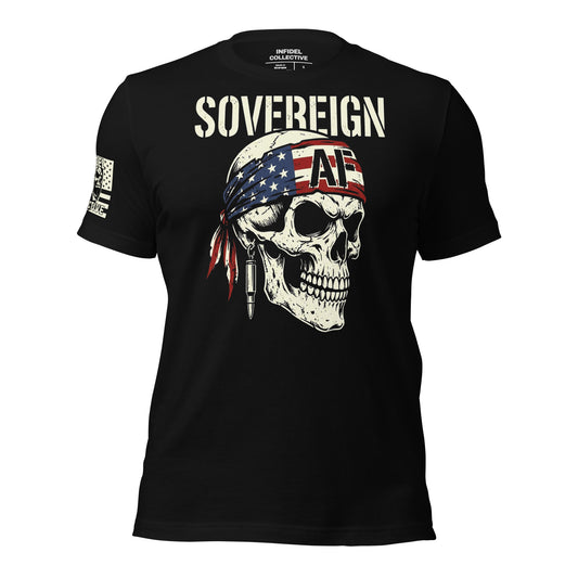 Black t-shirt with skull graphic and 'Sovereign' text on a white background