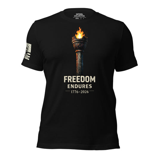 Black t-shirt with a graphic of a torch and 'Freedom Endures 1776-2026' text on a white background