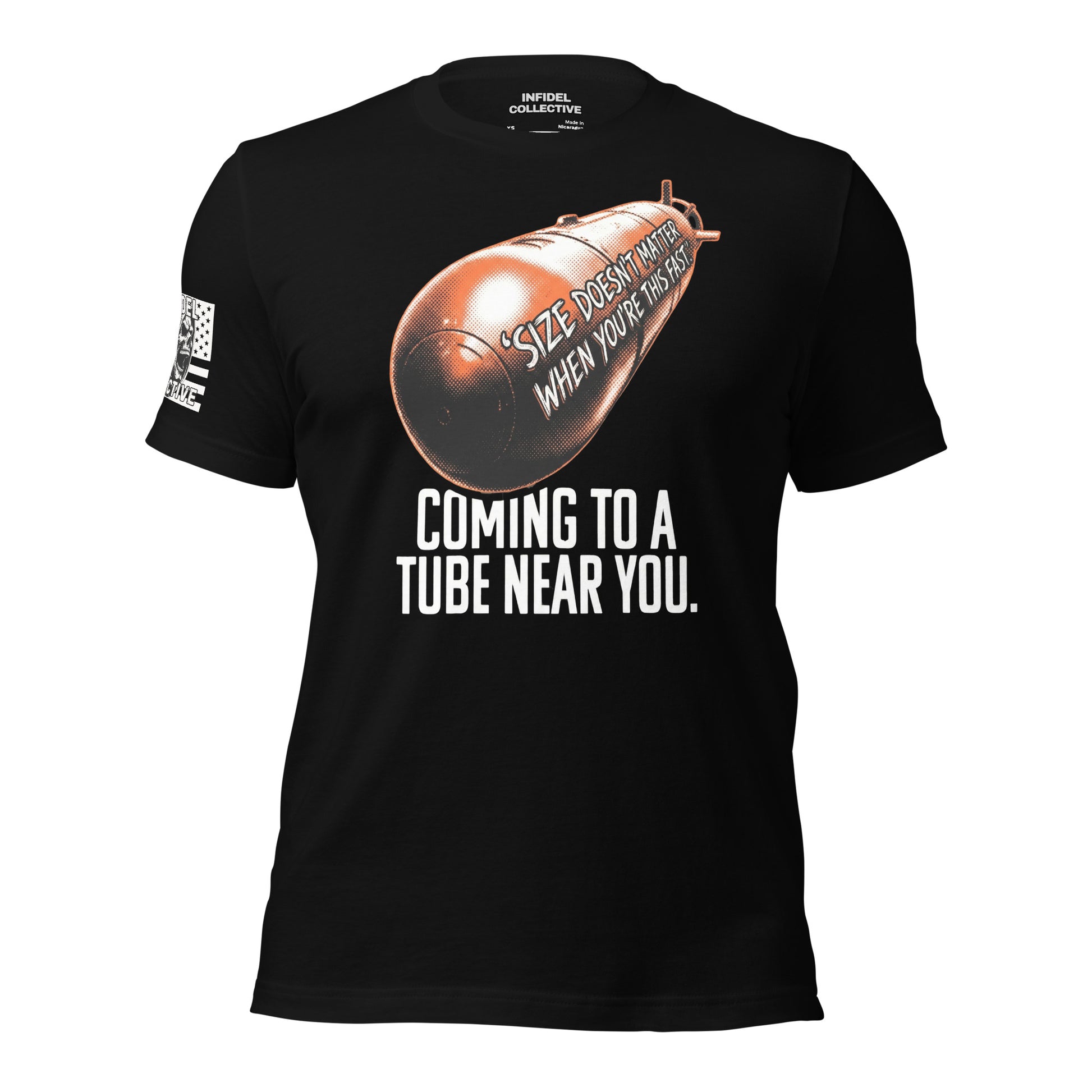 Ghosted mockup of Black t-shirt with a graphic of a torpedo and text "Coming To A Tube Near You", against a white background.