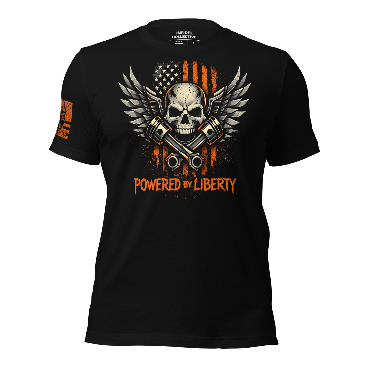 Ghosted mockup of Black t-shirt with a skull and crossed pistons design featuring an American flag, text 'Powered by Liberty', on a white background.