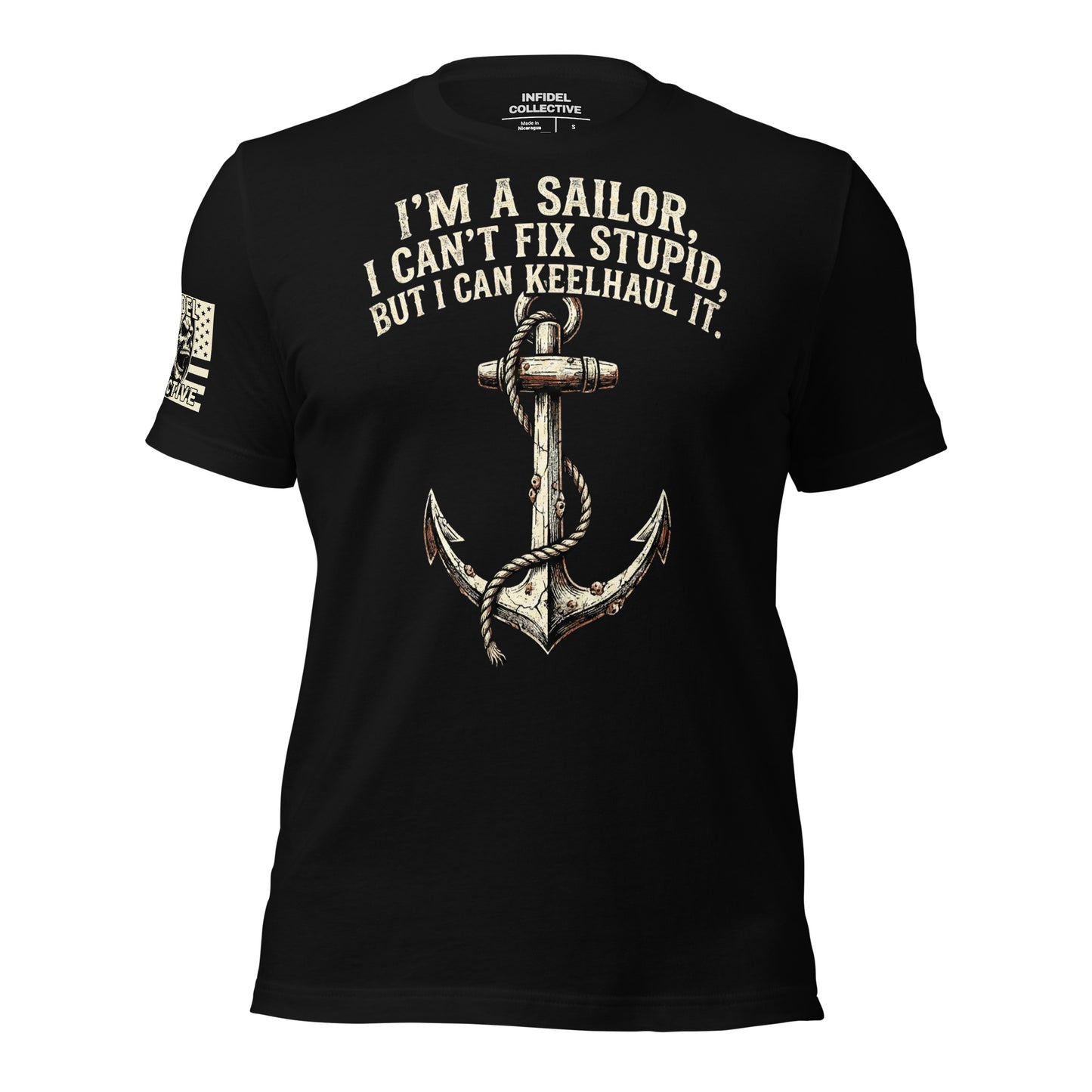 Black t-shirt with anchor graphic and text on a white background