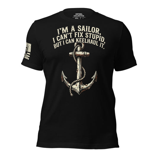 Black t-shirt with anchor graphic and text on a white background